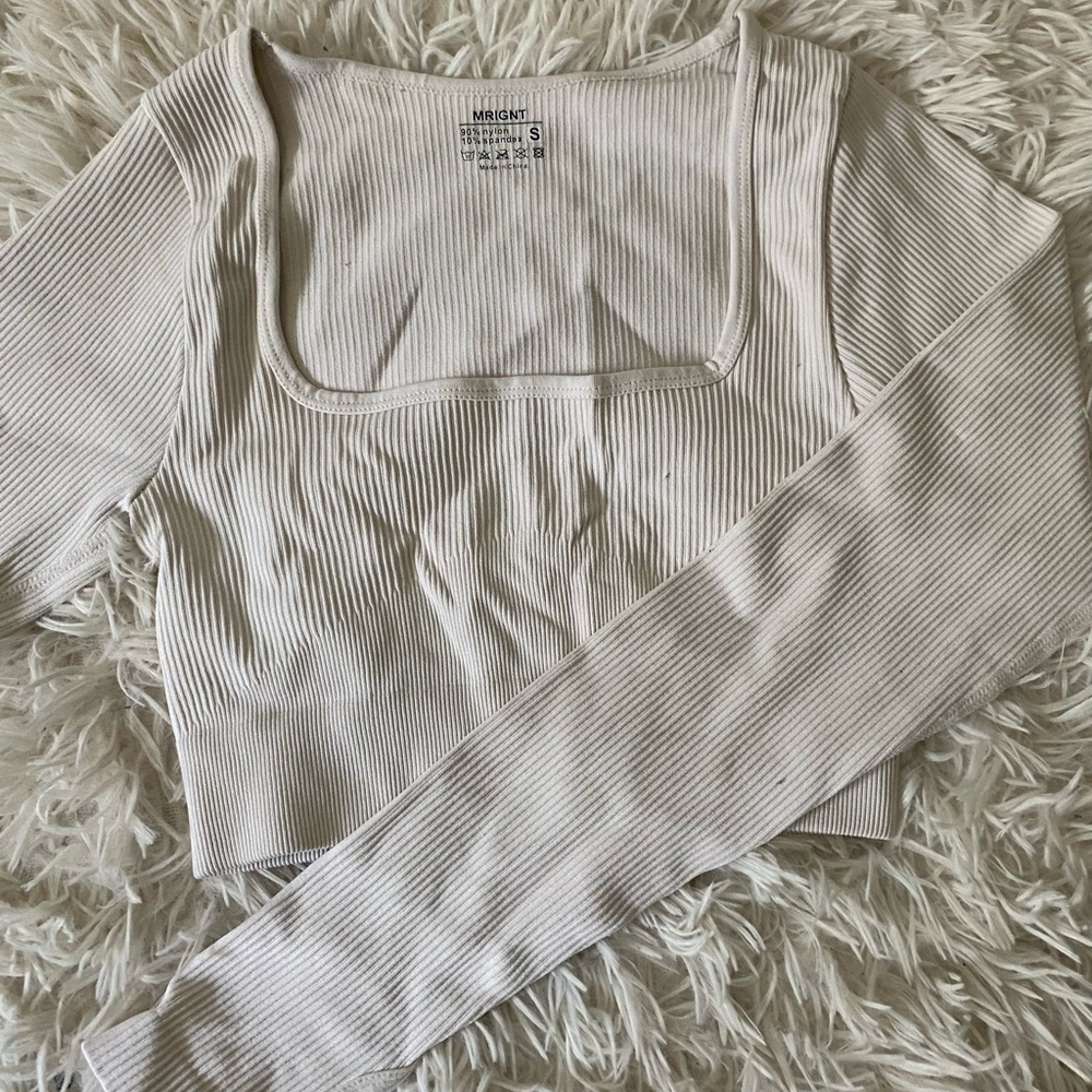 Ribbed Square Neck Cropped Long Sleeve Top - Beige